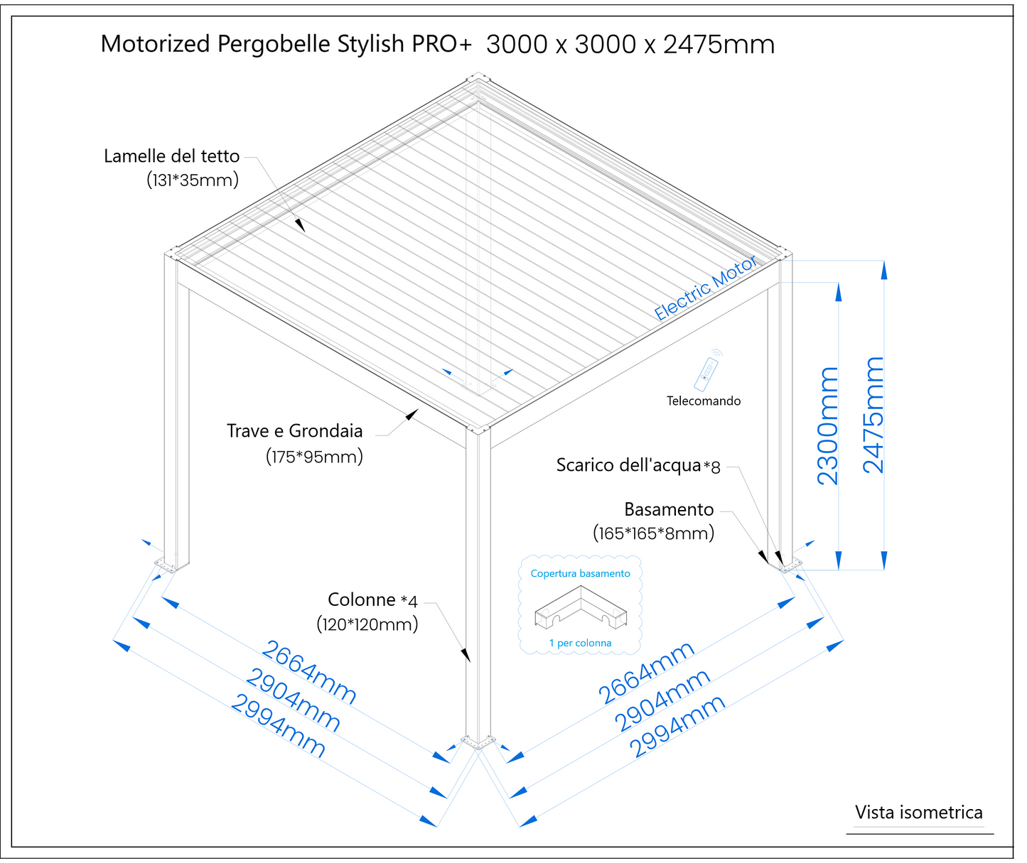 Pergola STYLISH PRO+ 3x3m Motorizzata Led Autoportante Antracite