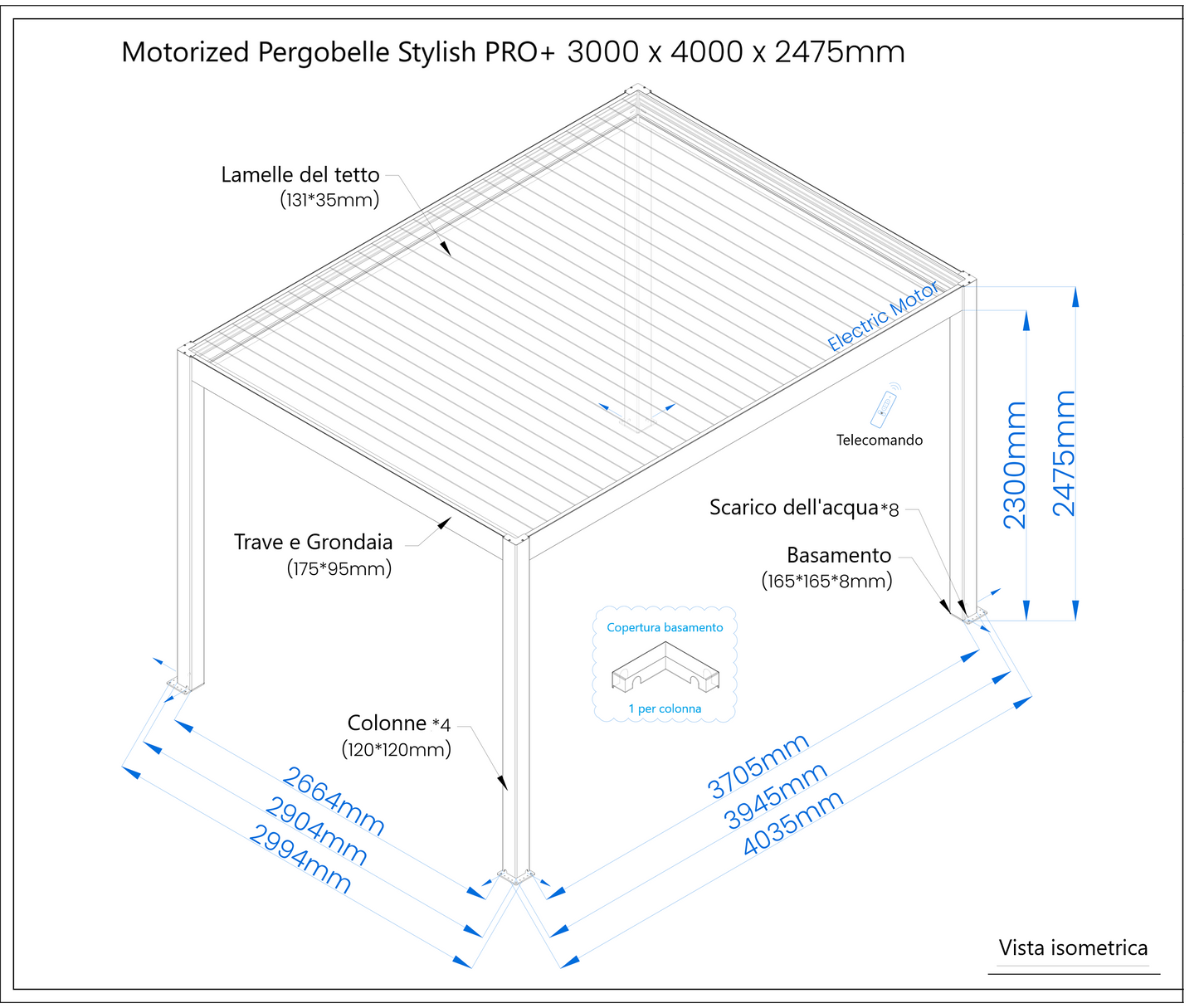 Pergola STYLISH PRO+ 3x4m Motorizzata Led Autoportante Antracite