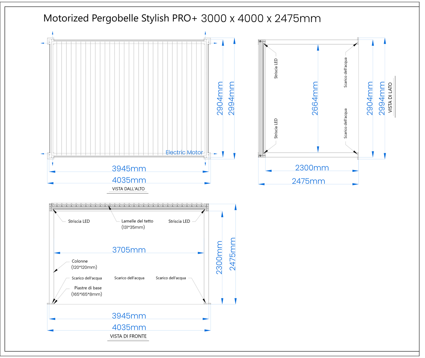 Pergola STYLISH PRO+ 3x4m Motorizzata Led Autoportante Antracite